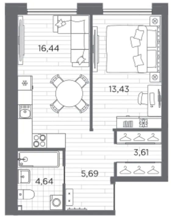 1-комн., 43,81 м²