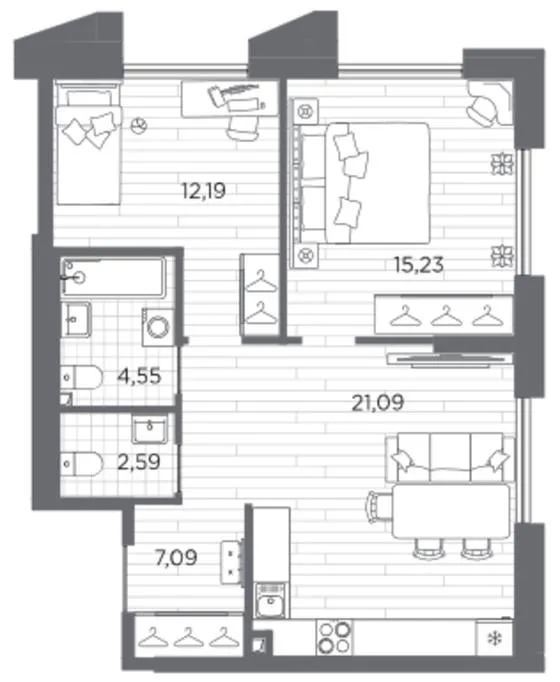 2-комн., 62,74 м²