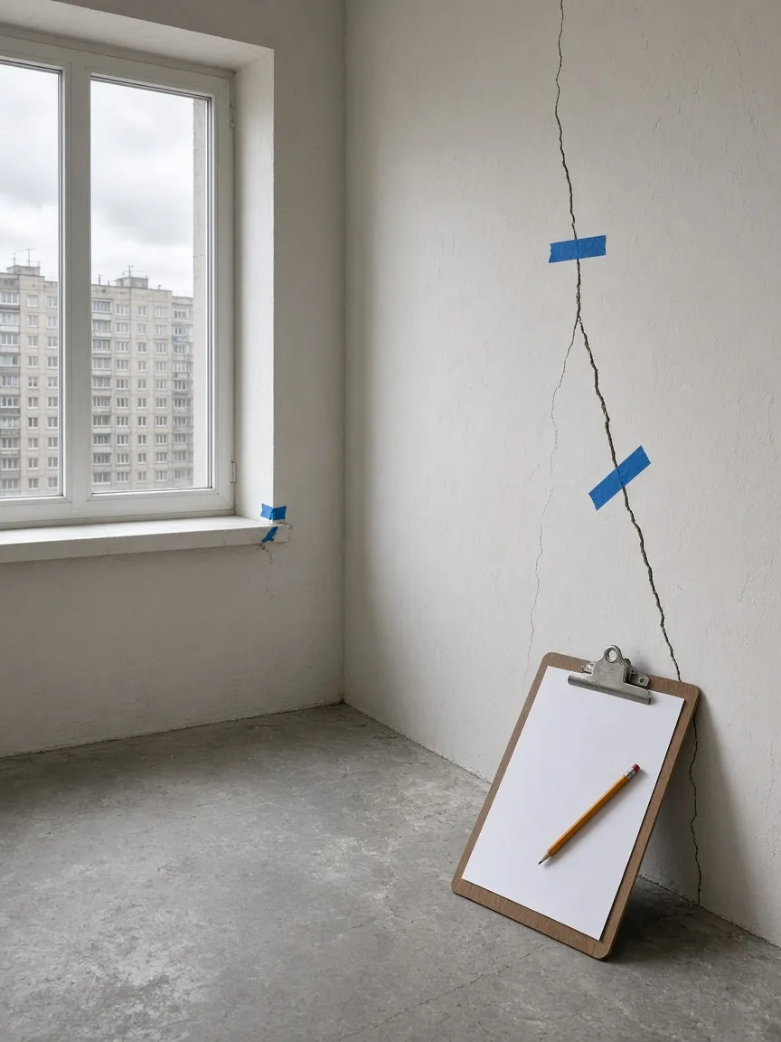 Трещина на штукатурке white box, отмеченная синим скотчем